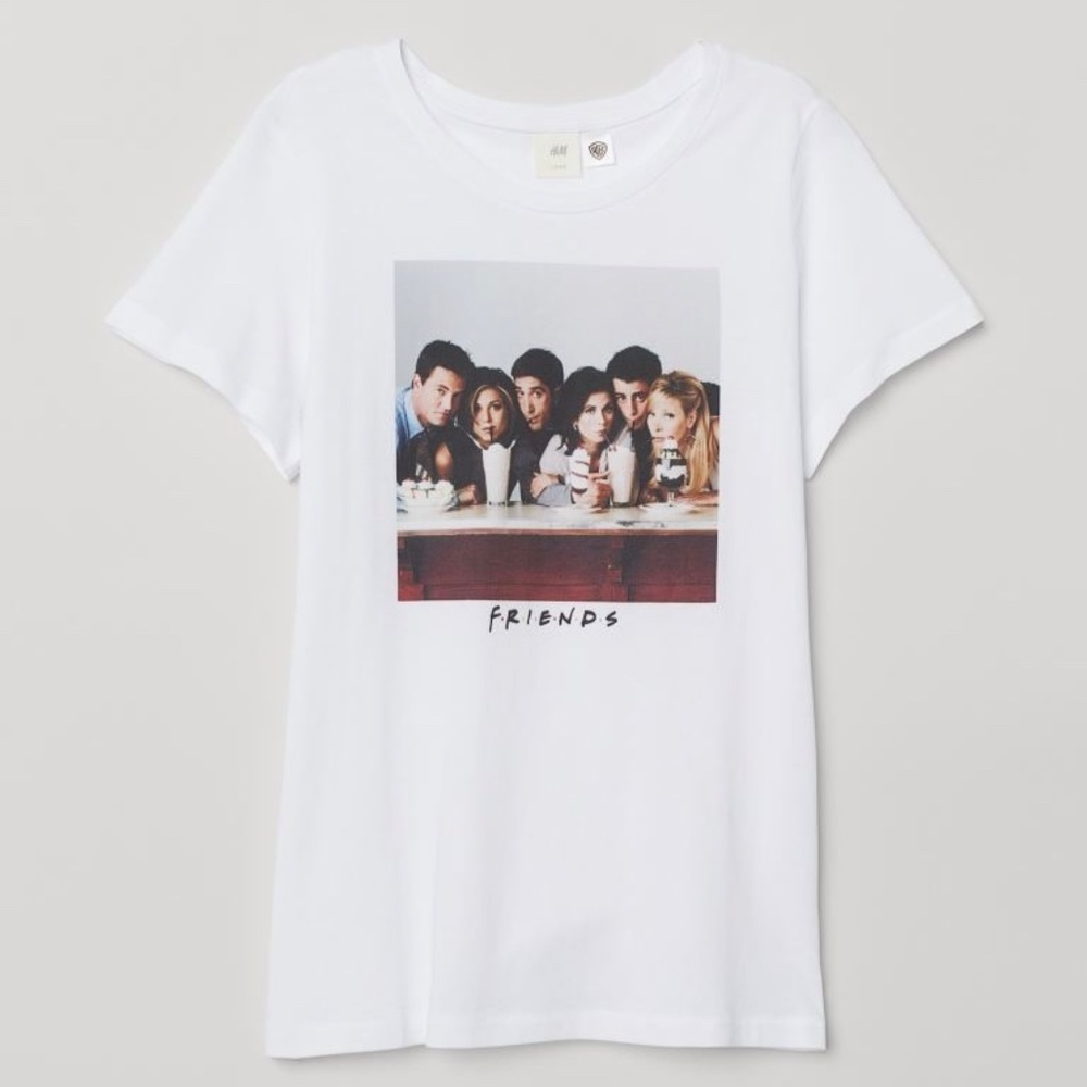 H&M WB Friends Logo White T-Shirt Women’s Size S Milkshake Chandler Phoebe Ross